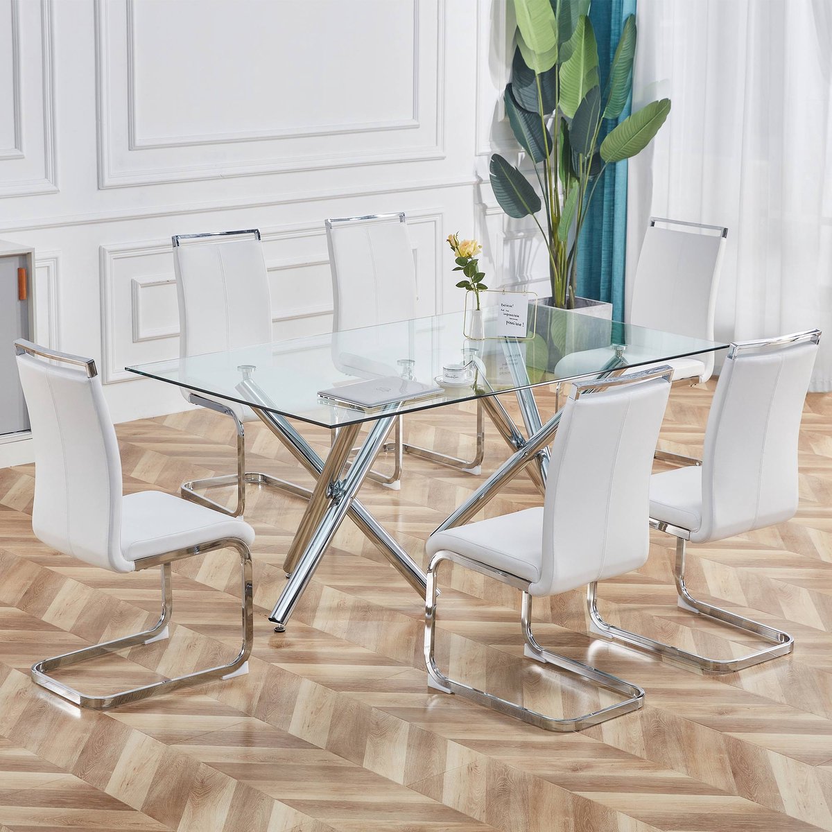 HAUSS SPOLE Eetkamerstoelen - Set van 4 - Freischwinger Met Verchroomd Metaal - Comfortabel met Kunstleder Bekleding - Wit