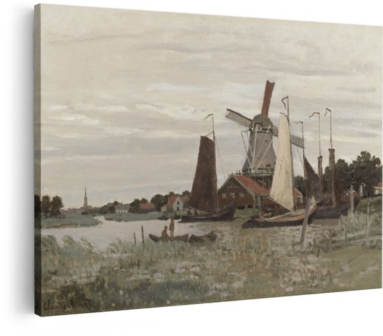 Artaza Canvas Schilderij Landschap Monet - 60x40 cm - Wanddecoratie Molen - Muurdecoratie Klassiek Schilderij - Decoratie Woonkamer Natuur
