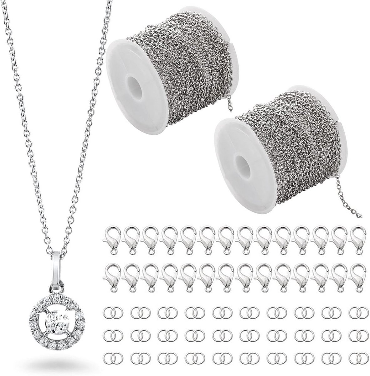 2 Stuks 5 Meter Knutselketting Set met 30 Karabijnhaken en 60 Sluitringen - Zilveren Roestvrij Stalen Sieraden Maken