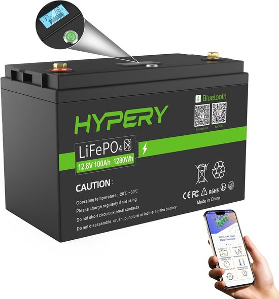 Krachtige 12V 100Ah LiFePO4 Accu met Bluetooth en LED Scherm