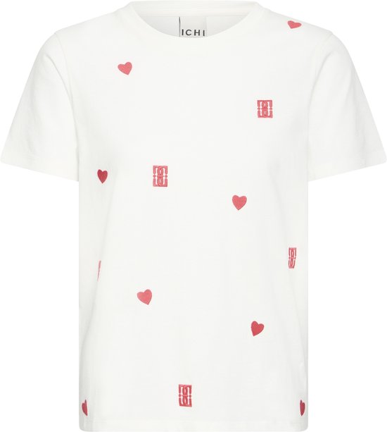 Wit t-shirt met rode hartjesprint en ICHI logo all-over. Korte mouwen, ronde hals.