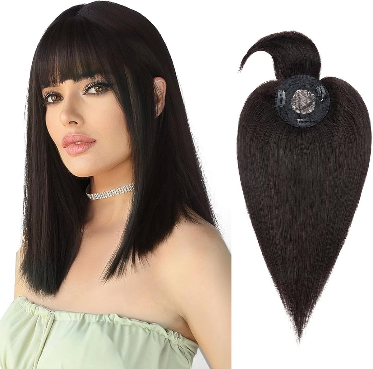 Haarstukje met Pony 100% Echt Menselijk Haar Clip-in Topper Natuurlijk Zwart