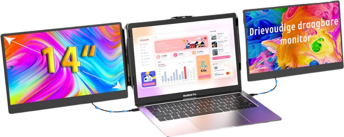 Quvo® Professionele Portable Monitor Pro 2024 - Full HD - 13” / 17.4” Tri-Screen - Laptop Scherm Uitbreider - Inclusief Beschermhoes en Kabels - Blauw - 35cm x 21cm x 3cm