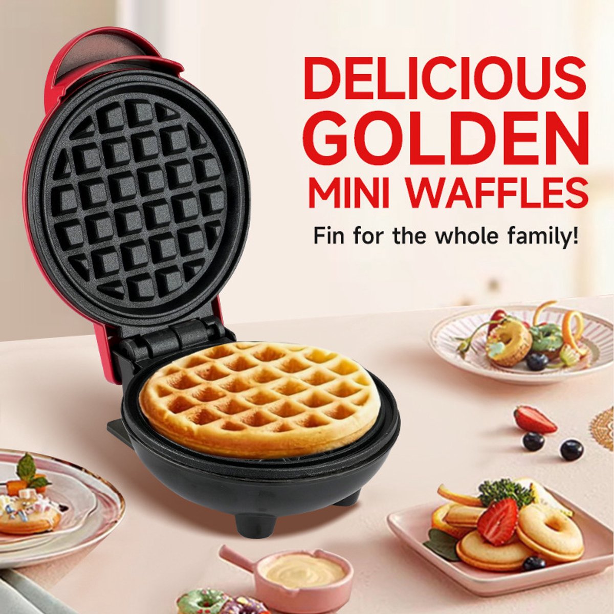 3-in-1 Mini Wafelijzer - Met Verwijderbare Platen voor Mini-pannenkoek en Donut - Compact Antiaanbak Model Rood - Gemakkelijk Schoon te Maken en Op te Bergen - Ideaal voor Snel Ontbijt Thuis — cadeau in Kookcadeaus - foto 5