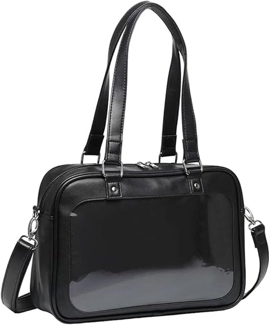 Tas Crossbody - Ita Tas Kawaii Leren Japanse School met Inzetstuk & Verwijderbare Crossbody Riem Speld Display Ita Tas met Handvat voor Anime Liefhebbende Meisjes - 31×22×10 cm - zwart