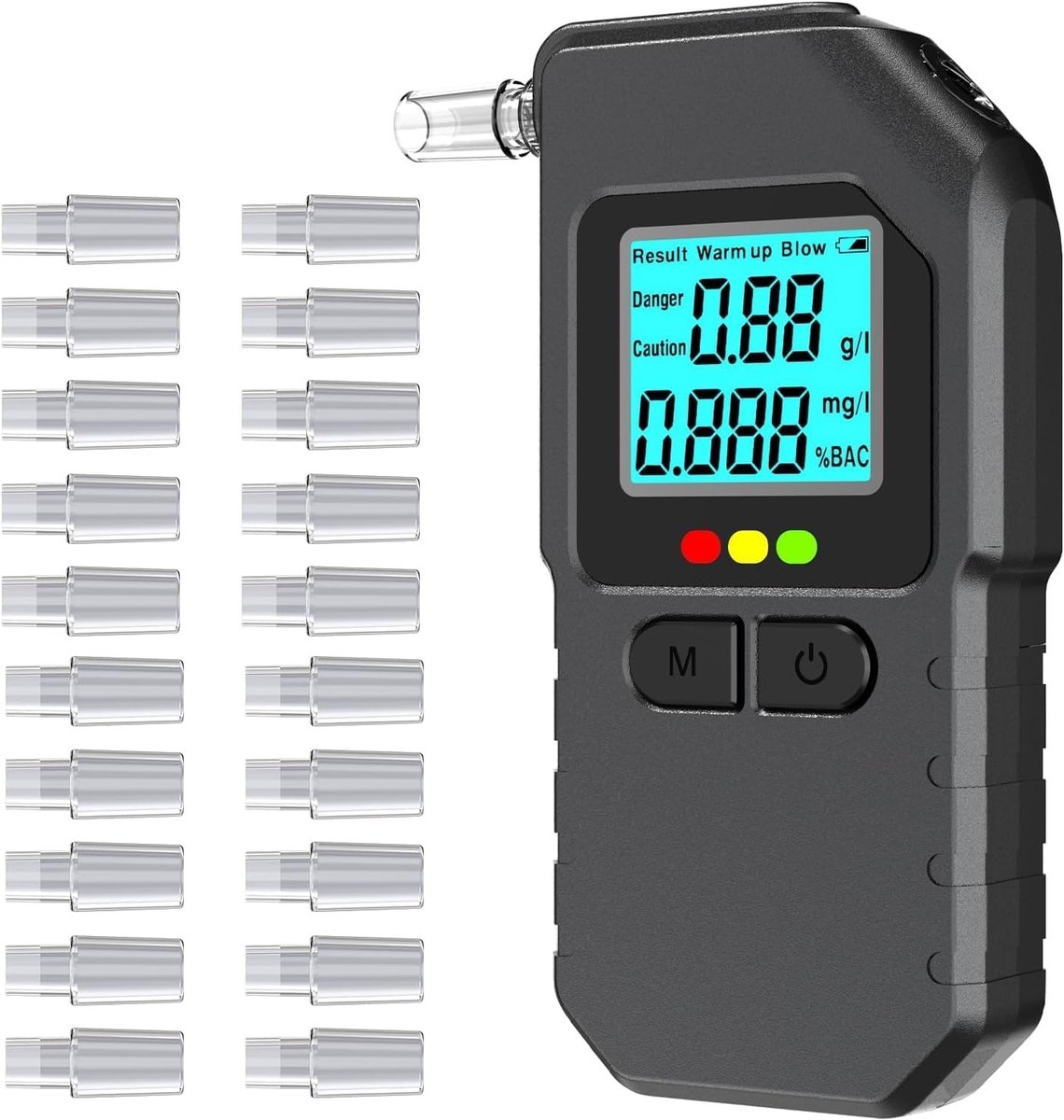 Nauwkeurige alcoholtester - Zeer precieze meter met digitale kleurendisplay - Professionele alcoholmeter met 20 mondstukken voor thuisgebruik of op feestjes