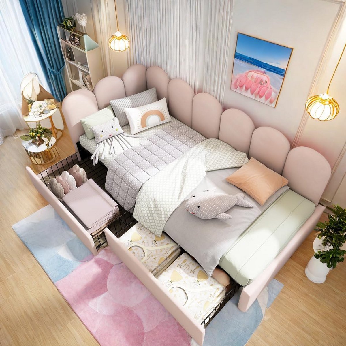 Eenpersoons Bed 90x190 met Opbergladen en Lattenbodem - Gestoffeerd Slaapbank/Dagbed Roze