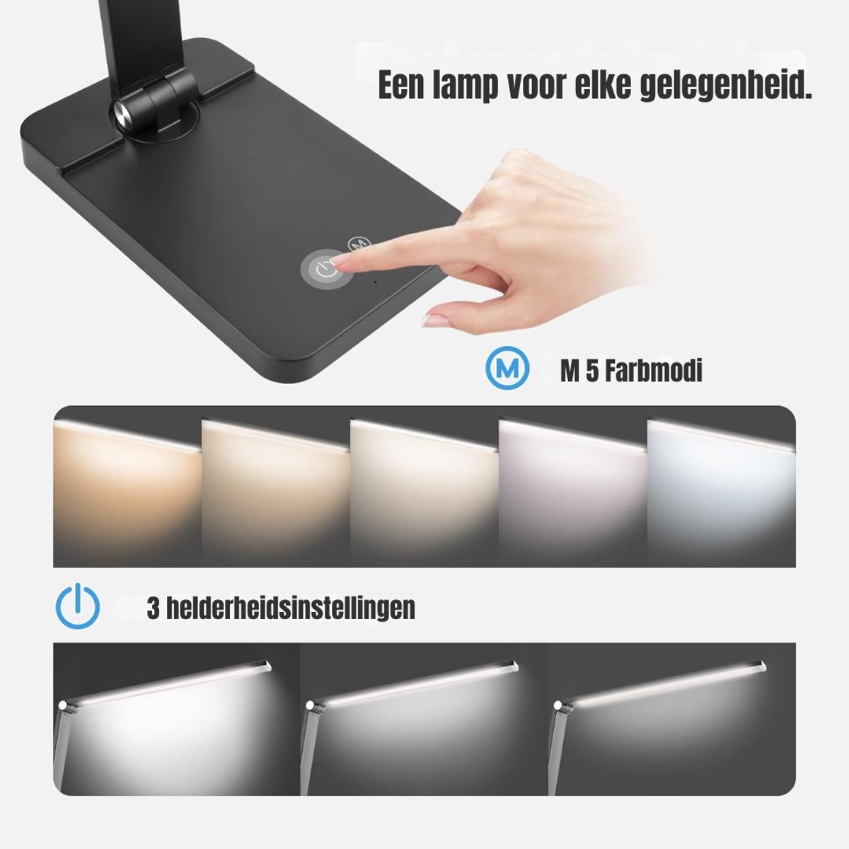 Quvo® Bureaulamp led dimbaar daglicht - USB oplaadbaar - 5 kleurenfuncties - Daglichtlamp - Touchscreen - Lichttherapielamp - Hobby lamp voor schilderen, puzzelen – UV-Vrij - Tafellamp/lamp staand - Zwart - ‎40cm x 12cm x 4cm thumbnail 5