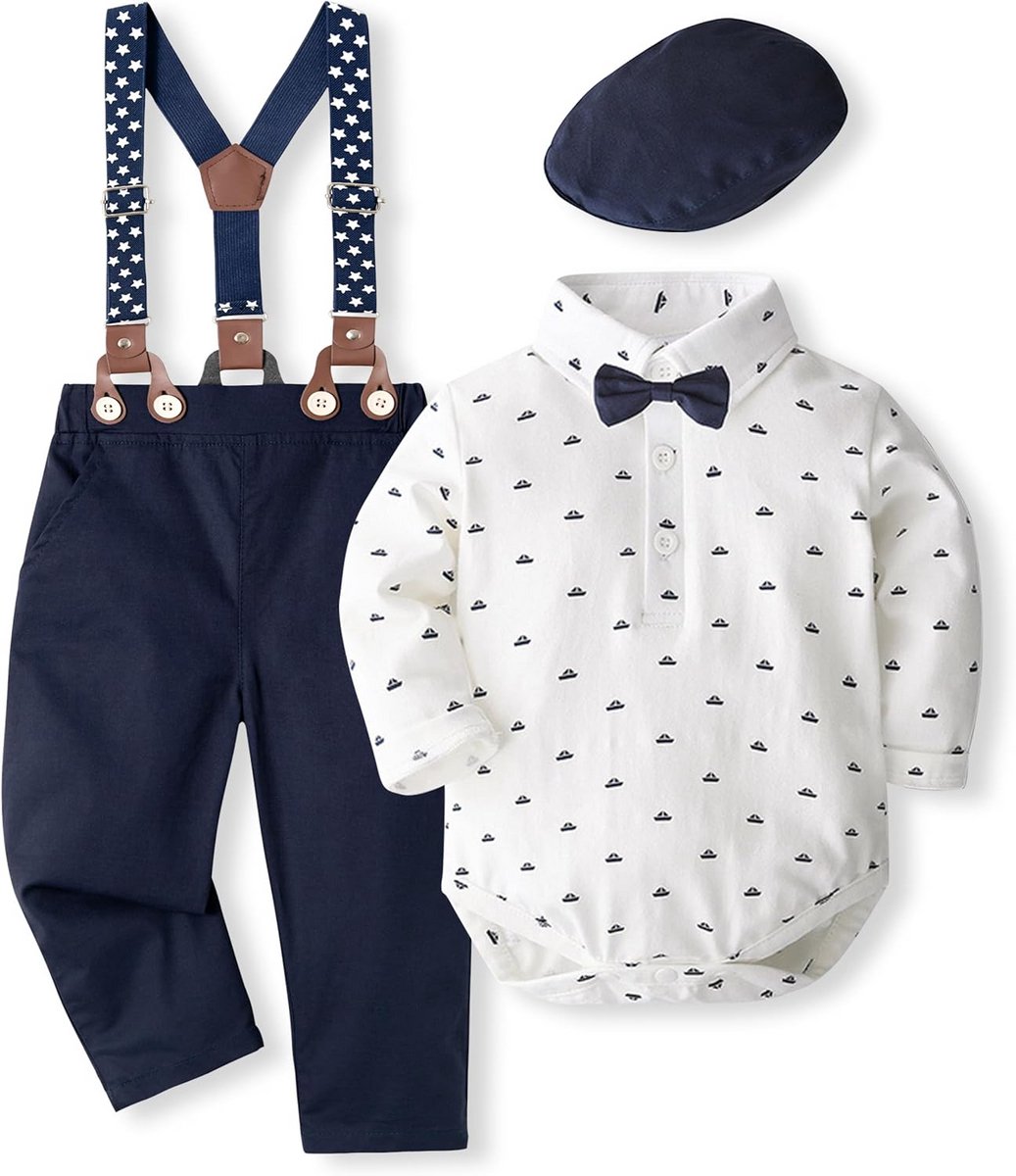 Baby Kleding Set 4 Delen Jongen Wit Hemd Strik Bretels en Broek