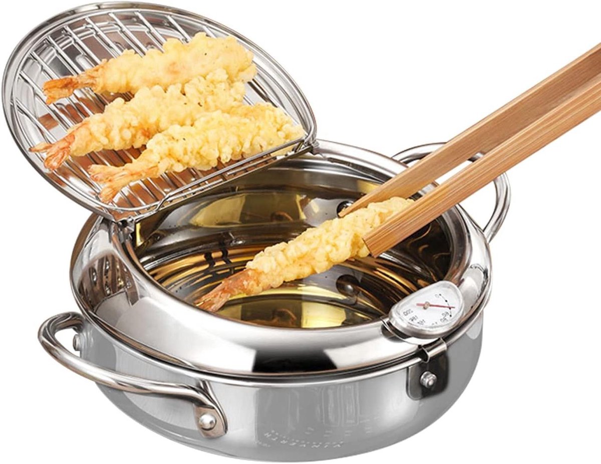 20 cm Tempura Koekenpan van Roestvrij Staal met Temperatuurregeling en Deksel