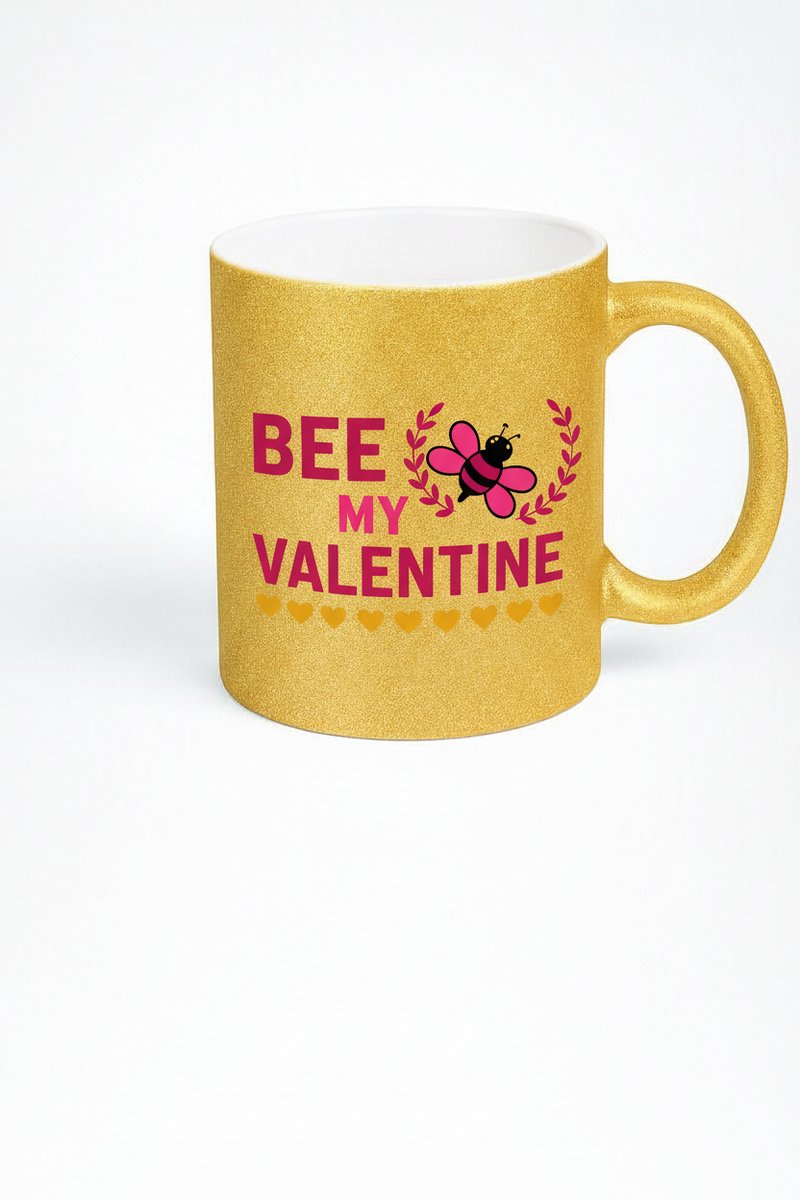 Glitter Gouden Mok 'Bee My Valentine' met Bij & Harten - Valentijn Cadeau