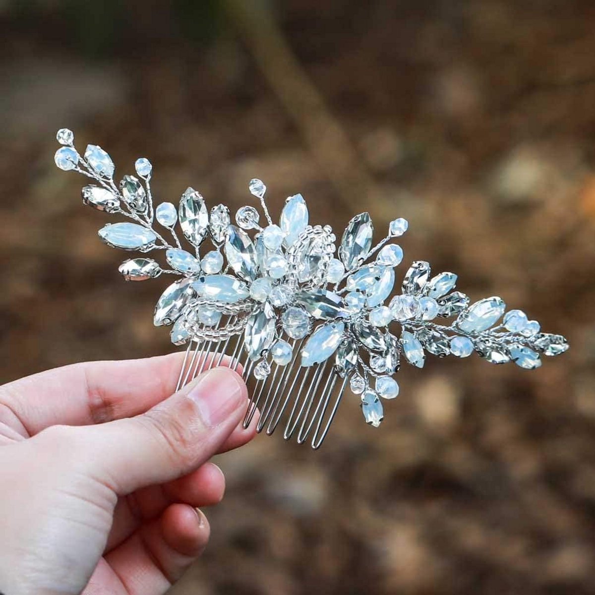 Zilveren Vintage Haarkam met Blauwe Opaal en Kristallen - Bruiloft & Feest Haaraccessoire