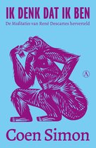 Boekomslag met paarse tekening van denkende aap op lichtblauwe achtergrond. Tekst in paars: 'IK DENK DAT IK BEN', 'De Meditaties van René Descartes herverteld', 'Coen Simon'.