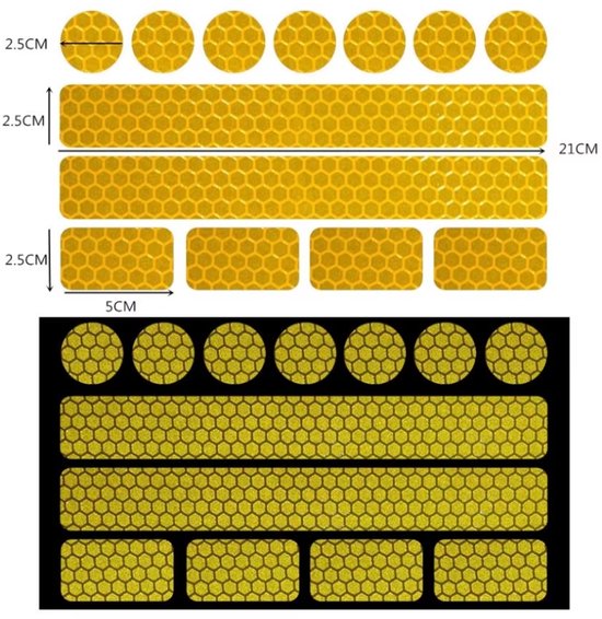 Gele reflecterende stickers met honingraatmotief, maten aangegeven.