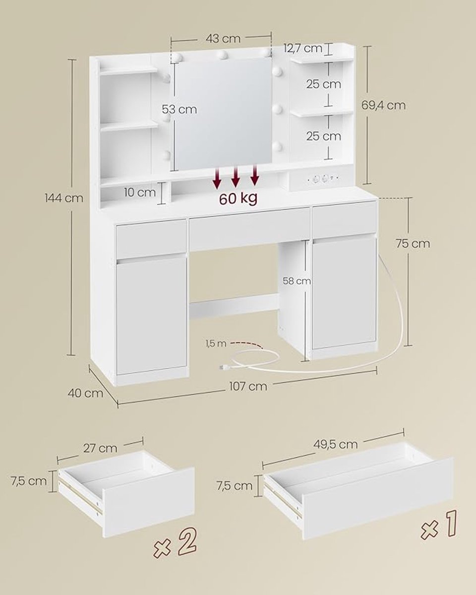 LED Make-uptafel met Spiegel en Instelbare Helderheid – 110x40x139 cm – Moderne Kaptafel met 7 Laden, 4 Planken en 3 Open Vakken voor Slaapkamer – Pauwhome