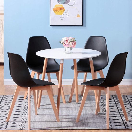 Ronde Eettafel 80cm met 4 Scandinavische Stoelen Set - Massief Hout en ...
