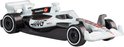Wit met zwarte en rode accenten Formule 1 auto met 'HAAS' logo.