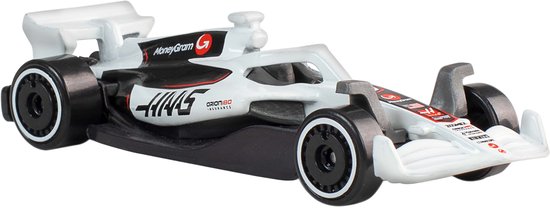 Wit met zwarte en rode accenten Formule 1 auto met 'HAAS' logo.