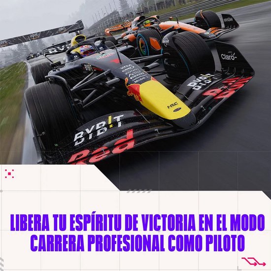 Formule 1-auto's van Red Bull en McLaren racen op een nat circuit, met Spaanse tekst "LIBERA TU ESPÍRITU DE VICTORIA..."