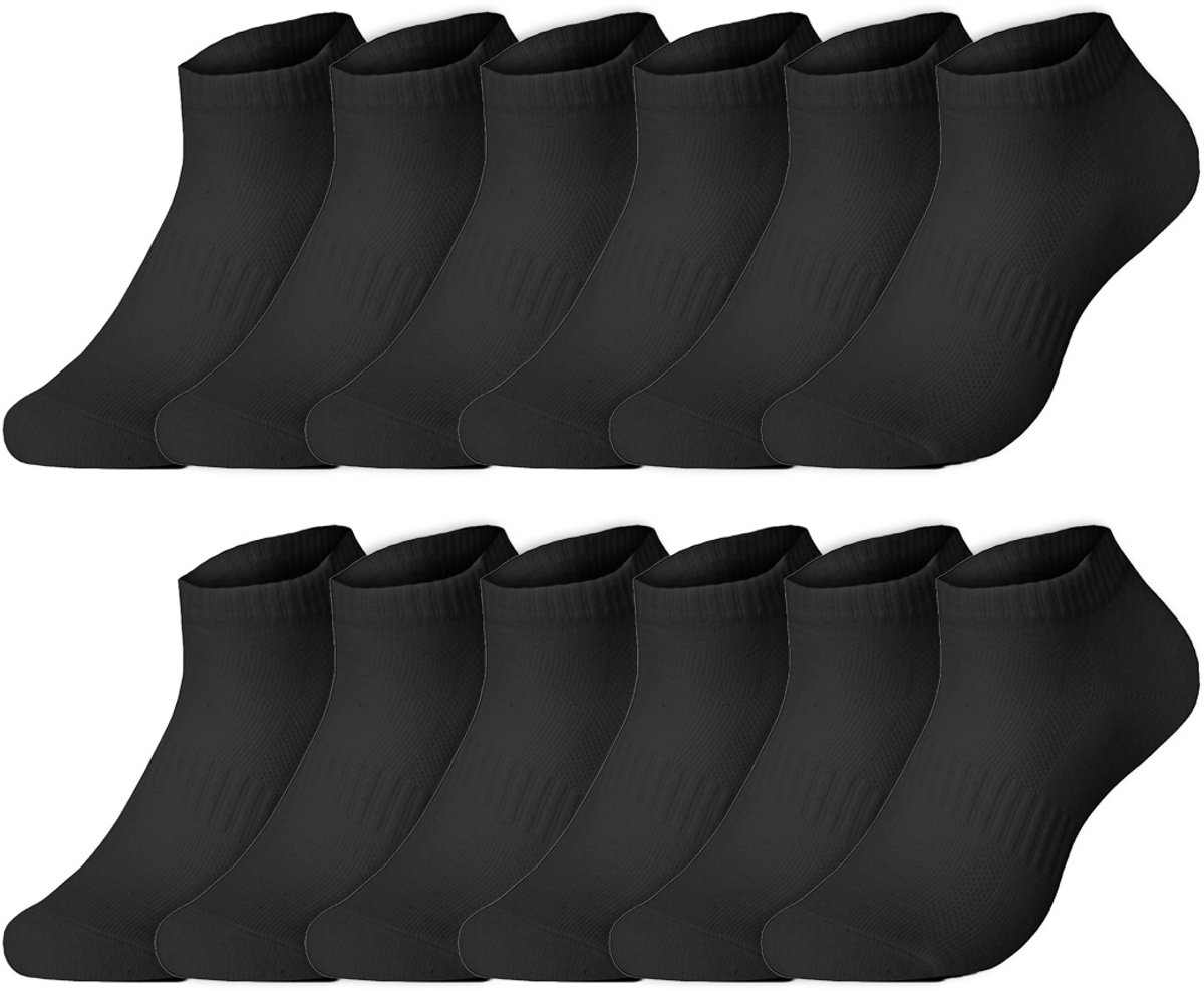 Katoenen sneakersokken | Ondersteuning | Ventilatie | Merk: Benyson | Kleur: Zwart | Maat: 39-42/ 43-46 | 12 Paar