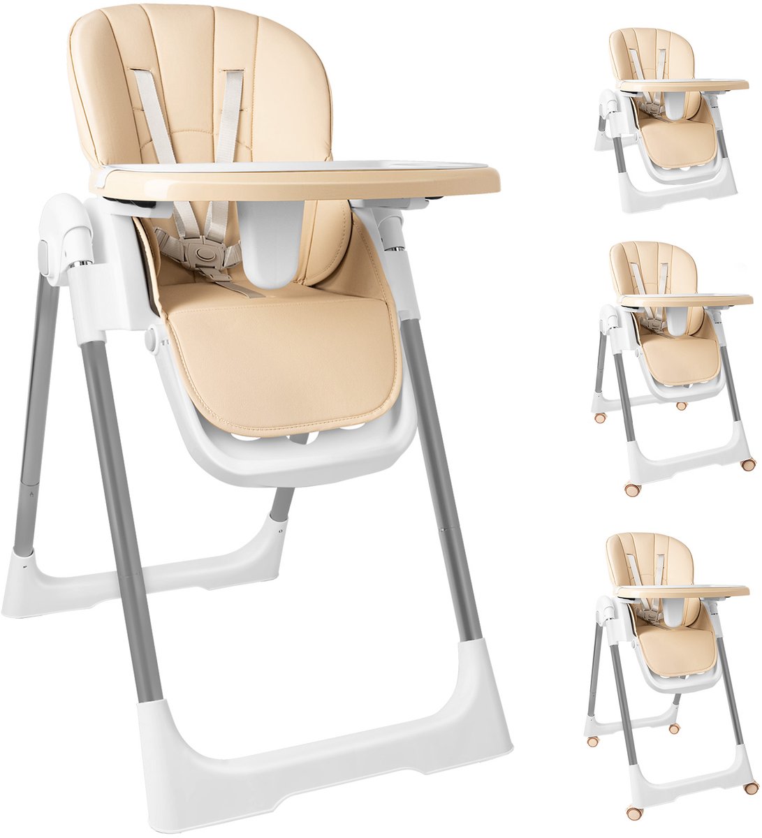 Soontrans - 4-in-1 Premium Kinderstoel - Meegroeistoel 0 tot 3 Jaar met Schommelfunctie - Inklapbare Eetstoel & Babystoel met Afneembare Eetblad - Verstelbare Rugleuninghoek - Peuterstoel - Kinderstoel op Wielen - Babystoel aan Tafel - Beige