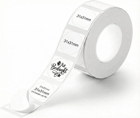 Rol met ronde witte labels, 31x31mm, met de tekst 'Bedankt' en een bloemen- en takjesdecoratie.