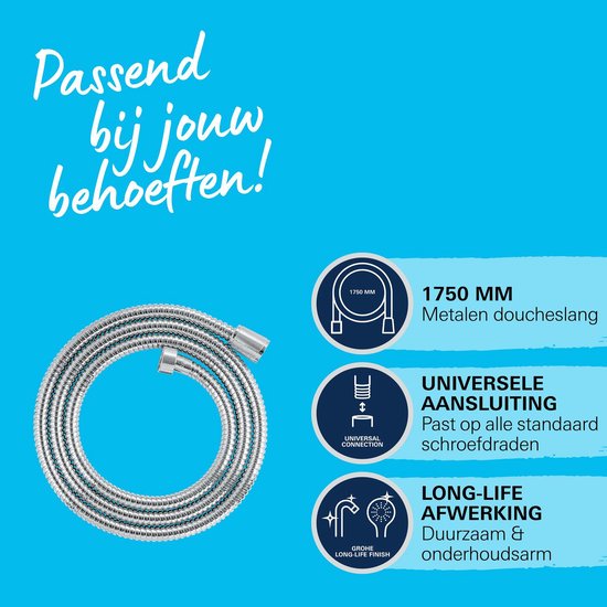 Zilverkleurige metalen doucheslang, 1750 mm, universele aansluiting, lange levensduur.