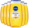 Zes flessen NIVEA Rich Caring Shower Oil met een blauwe dop en een gele fles. De tekst op de fles is 'Rich Caring Shower Oil'.