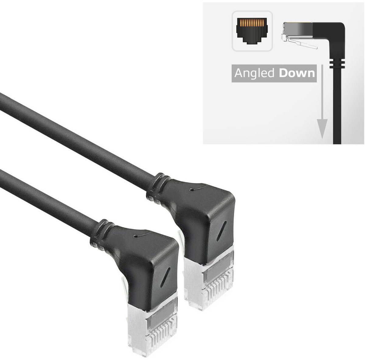 ACT Zwarte 1,5 meter U/FTP CAT6A LSZH Slimline patchkabel met RJ45 connectoren 90° haaks beneden naar 90° haaks beneden DA5951