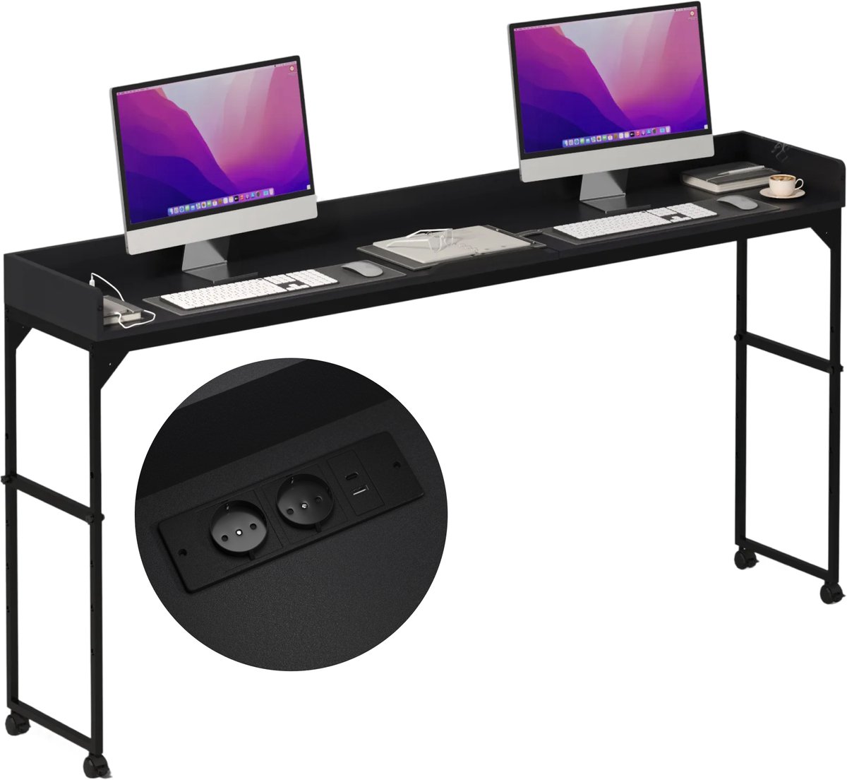 DreamDesk Verrijdbaar Bureau op Wielen Laptop & Werkbureau – Standing Desk - Bureaublad - Sta Bureau - Overbed tafel - Bed tafel - Past Over Bed - Bedtafeltje - Verstelbare tafel - 213 cm – Midnight Black