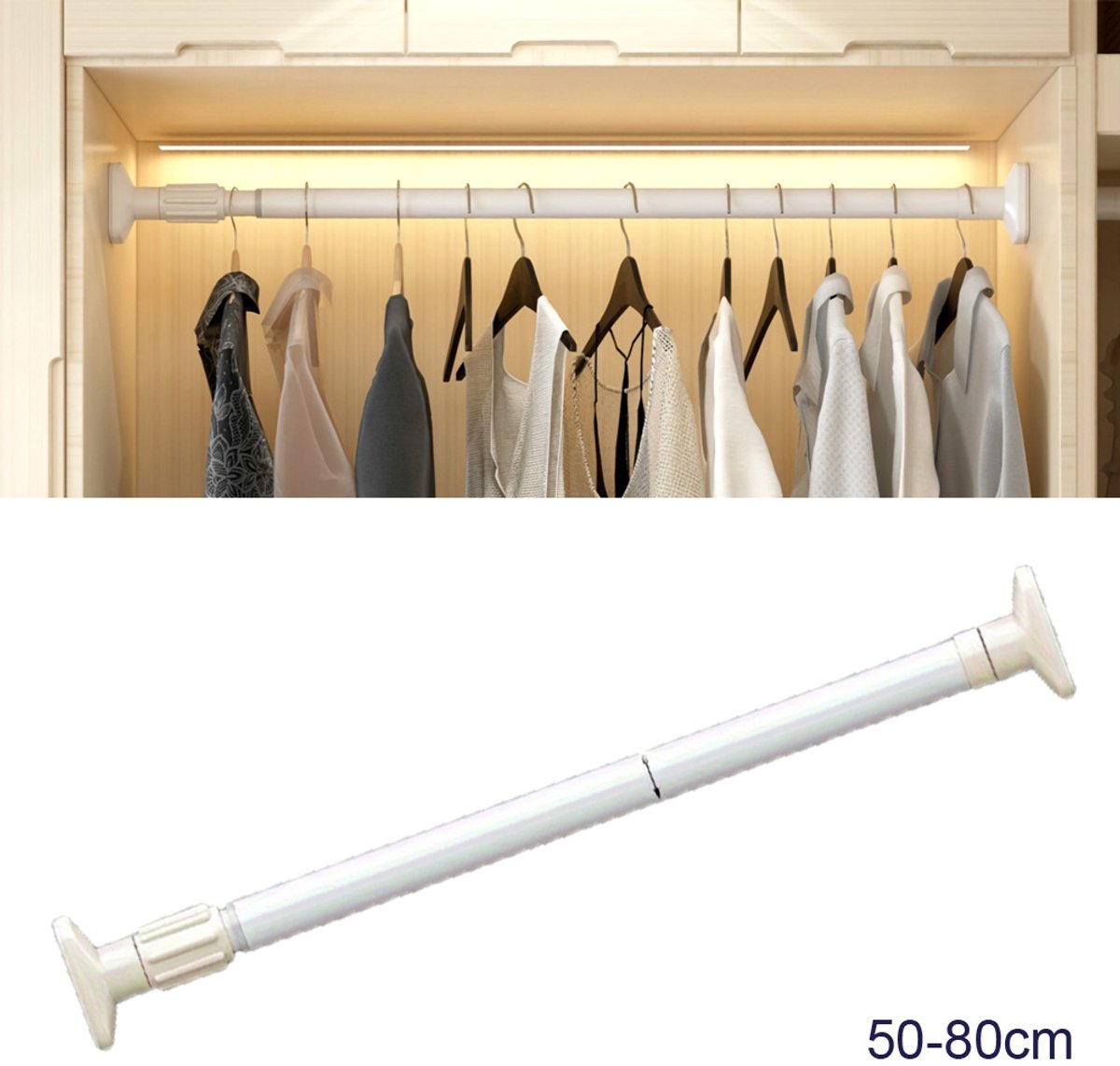 Spanningsgordijnstang - Verstelbaar van 50 tot 80 cm, diameter 25 mm - Witte spanningsstang - Geen boren nodig - Uitbreidbare spanningsstang voor deuropeningen, keukens en badkamers