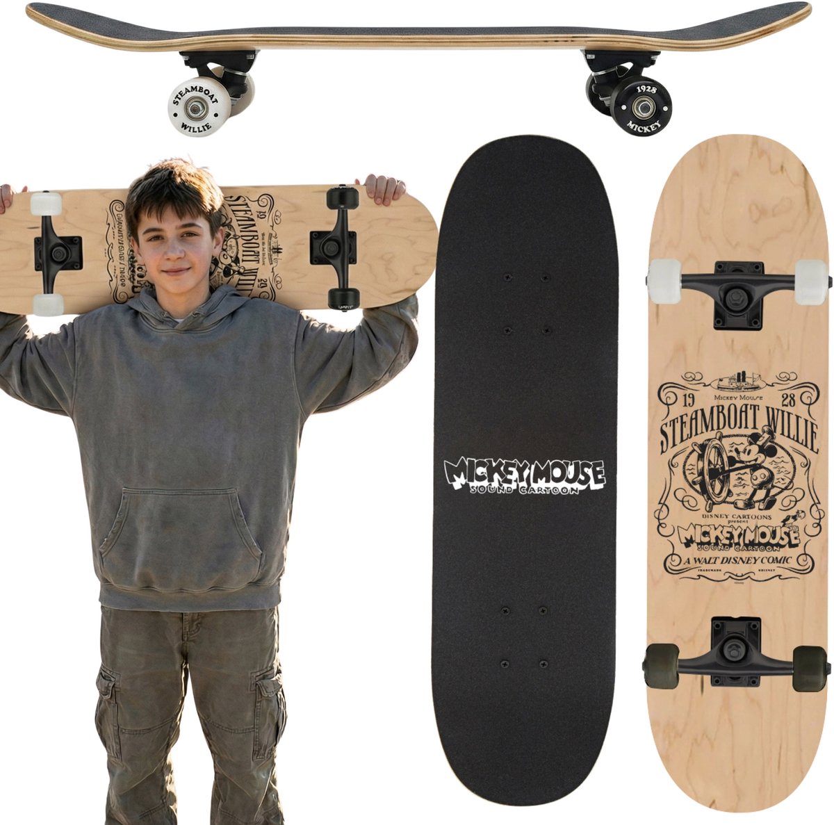 DISNEY Mouse STEAMBOAT Houten skateboard 79 cm skateboard voor jongeren groot licht en stabiel tot 100 kg Veelkleurig Mickey