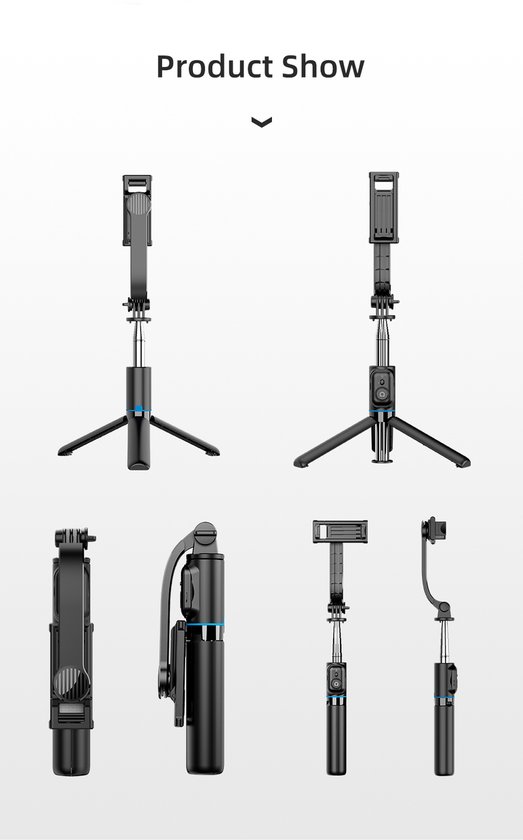 Verschillende weergaven van een zwarte selfie-stick met statief en telefoonhouder.