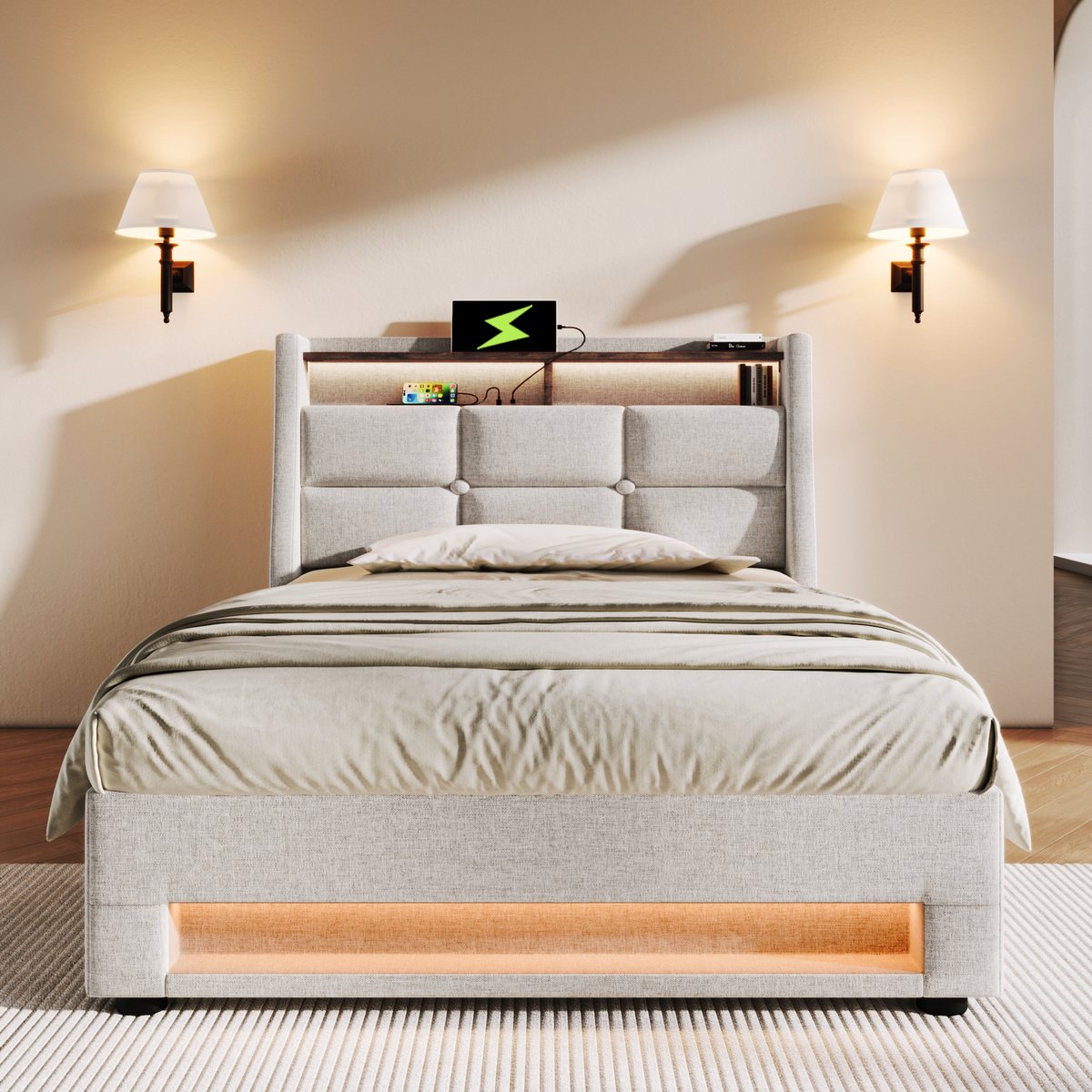 REDOM Luxe Eenpersoons Opbergbed (90x200) - Hydraulisch Bedframe incl. LED & USB - Linnen - Lichtbeige