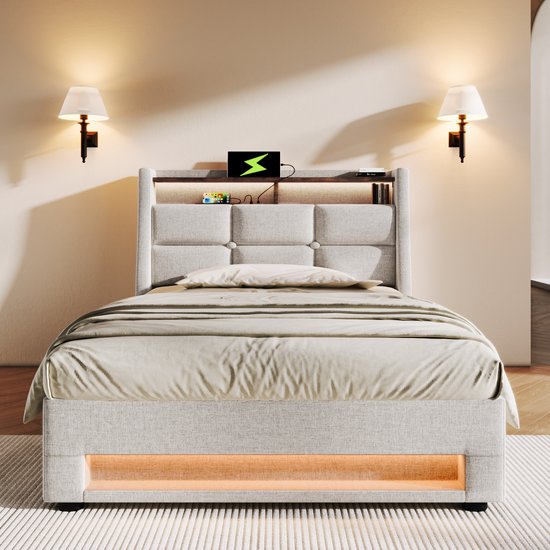 REDOM Luxe Eenpersoons Opbergbed (90x200) - Hydraulisch Bedframe incl. LED & USB - Linnen - Lichtbeige