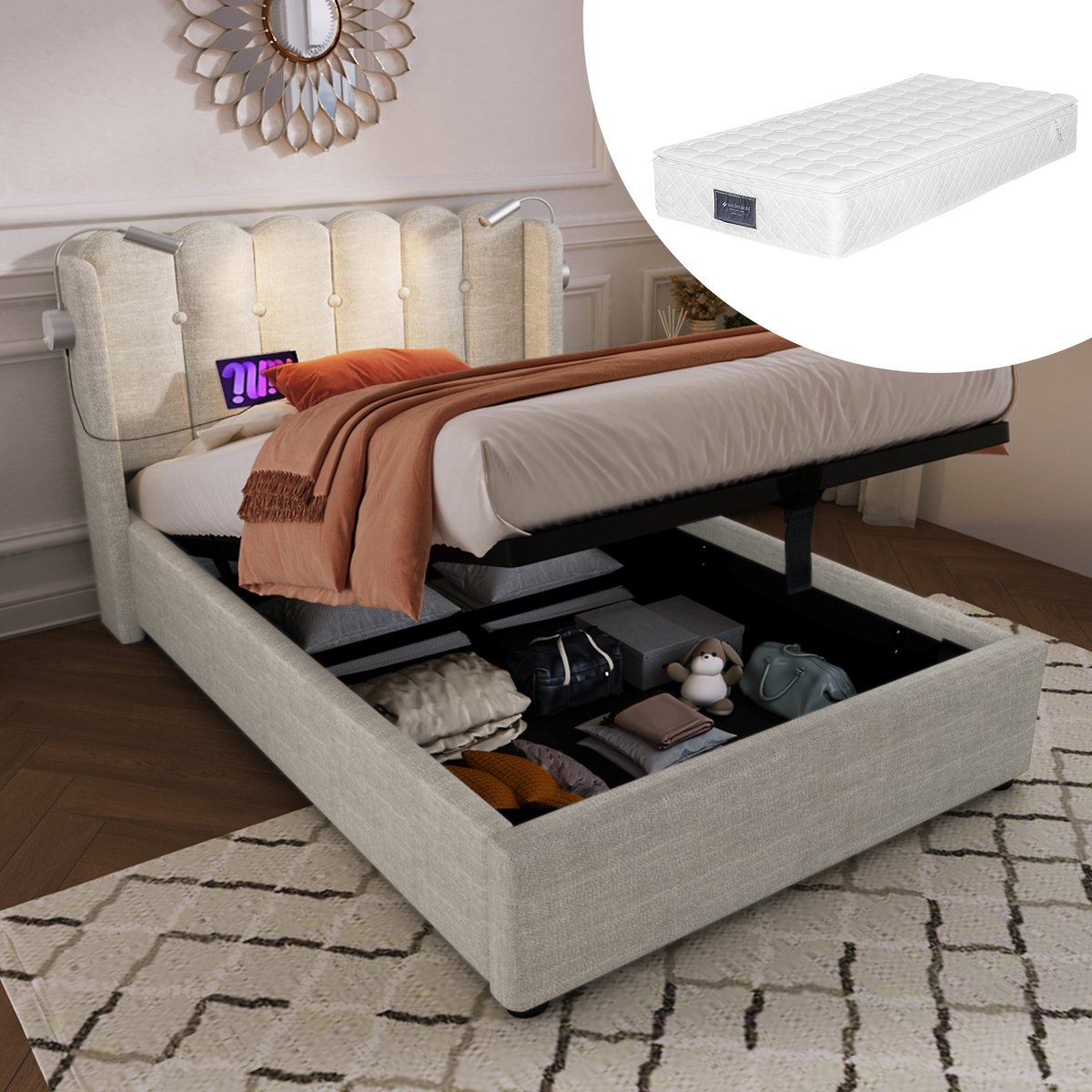 REDOM Opbergbed 90x200 cm – Linnen – Hydraulisch – Leeslamp & USB – Naturel – 150 kg