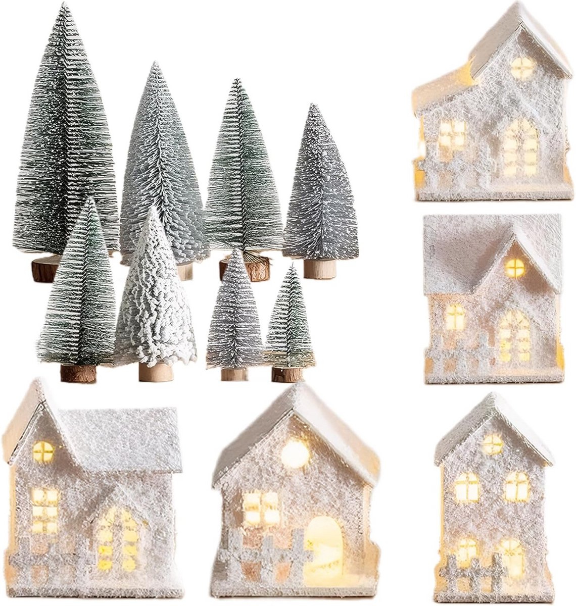 Verlichte Kerstboerderij Set Wit - Houten Dorp met 8 Bomen Decoratie voor Tafel of Plank