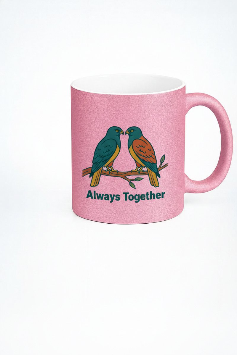 Roze Glitter Mok 'Always Together' met Liefdesvogels - Romantisch Cadeau