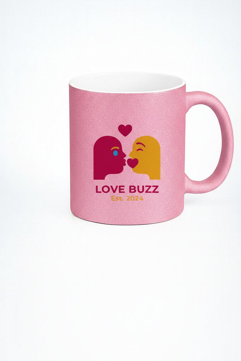 Love Buzz Est. 2024 Roze Glitter Mok - Romantische Kus Emoji Beker