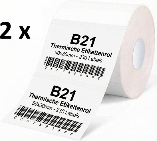 Twee rollen etiketten voor de Niimbot B21 printer. Afmetingen 50x30mm, 230 labels per rol.