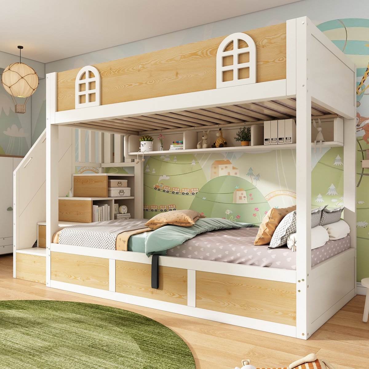 Sweiko Stapelbed - 90x200 cm - Met veiligheidsrails - Opbergruimte - Kinderbed - Wit + Natuurlijke