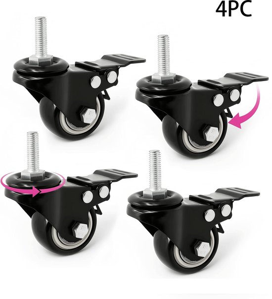 4 stuks U-type meubelwielen, diameter 50 mm, plaatopening 25 mm