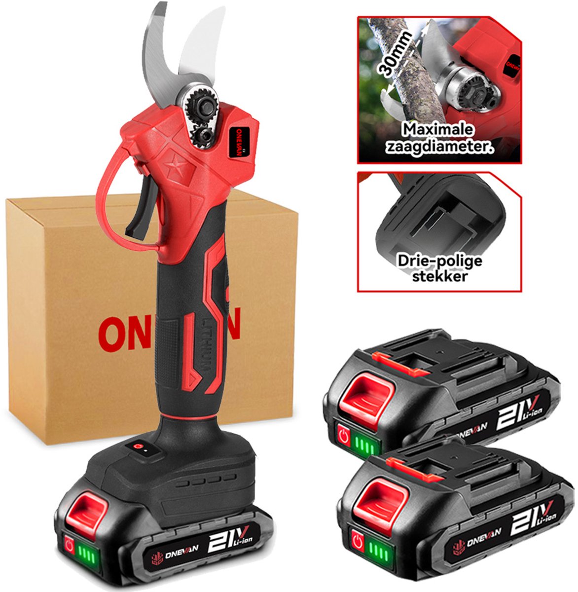 ONEVAN Elektrische Snoeischaar - 30mm Snijdiameter - Takkenschaar - Borstelloze Motor - Accusnoeischaar - met 2x Accu's - Voor Boomgaard, Tuin, Boerderij, Park, Tuinieren