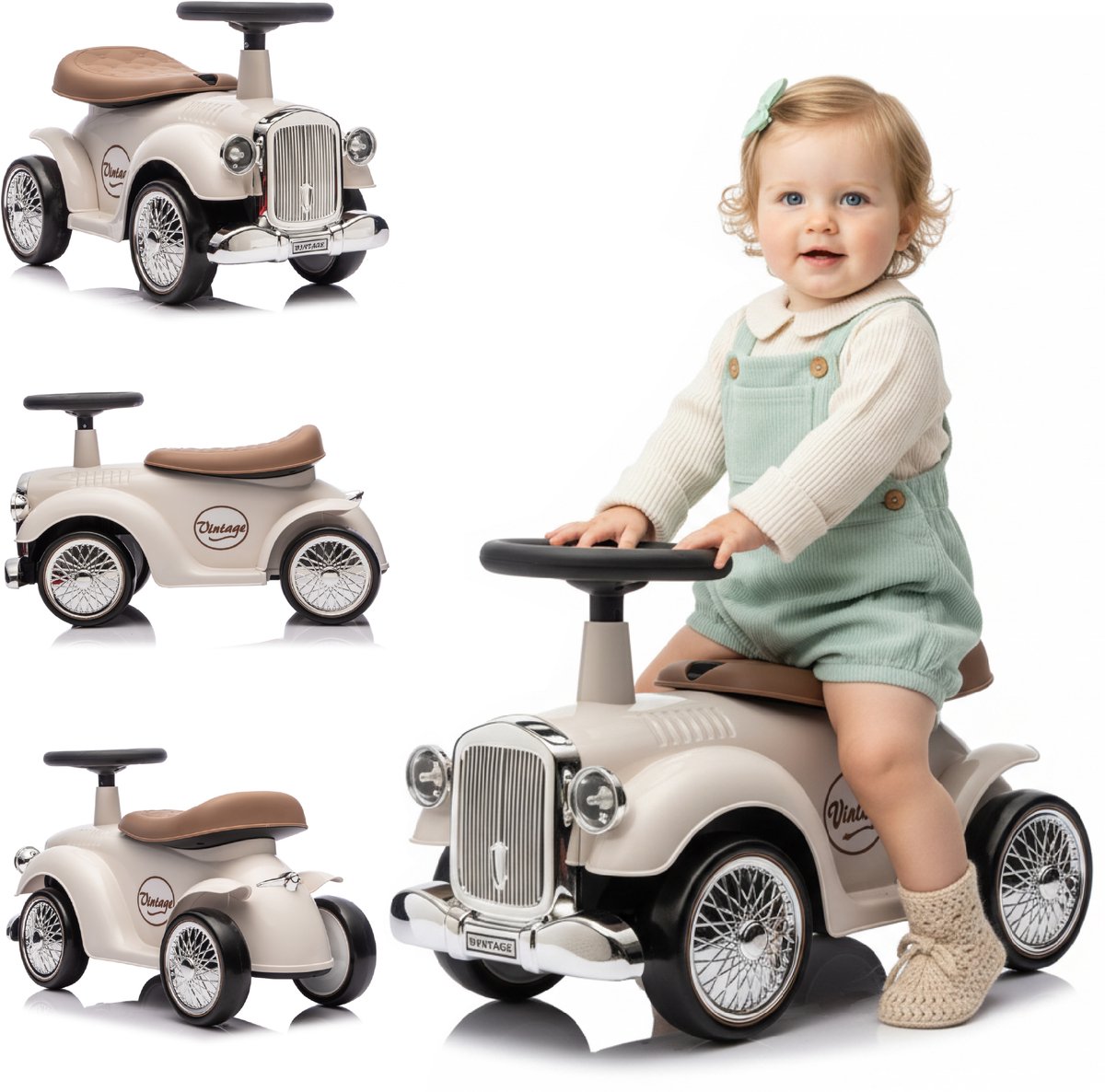 sun baby Loopauto voor kinderen vanaf 1 jaar Retro Classic, kinderauto, loophulp met claxon, pieptoon, opbergvak onder zitting (Ivoor)