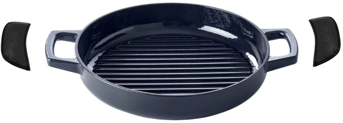 Alva Grillpan / Grillplaat Nori ø 28 cm + Gratis Leren Handvaten - geschikt voor alle warmtebronnen - geëmailleerde anti-aanbaklaag