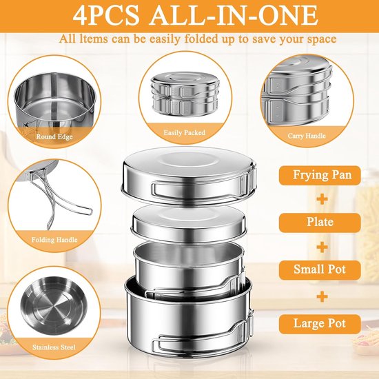 4-delig Camping Pannenset - Outdoor Pannenset - RVS - Ultra Compact & Lichtgewicht (450g) - Outdoor Kookset voor 1-2 Personen - Inklapbare Handgrepen - voor Kamperen & Backpacken - Zilver — afbeelding 5