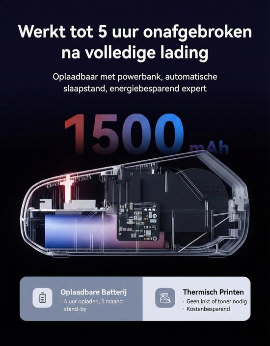 Niimbot - B1 - Imprimante d'étiquettes - Étiqueteuse - Blauw - Smart - Bluetooth - Largeur d'impression 20-50 mm - Légère - Thermique directe - 203 dpi - 1500 mAh