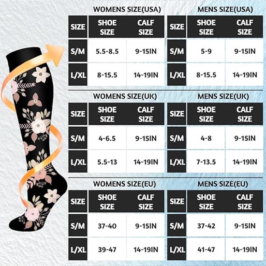 Tableau des tailles pour chaussettes de compression, avec une image d'une chaussette noire à imprimé floral.