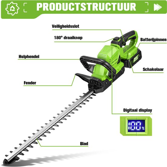 ONEGREEN Accu Heggenschaar - 51cm Snoeilengte - 180° Einstellbarer Kopfwinkel - met 2x Accu's - Elektrische Heggenschaar - voor het maaien van tuin en gazon van OneGreen — afbeelding 2