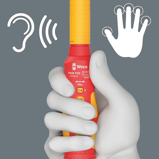 Een rode en gele moment-schroevendraaier wordt in een hand gehouden, met visuele indicatoren voor geluid en aanraking.
